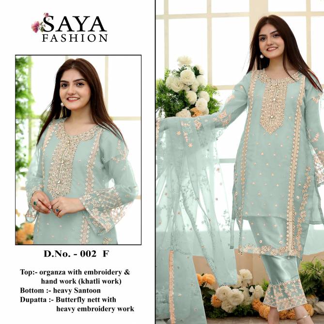 Saya Fashion 002 E F G Organza Festive Wear Wholesale Pakistani Suit Catalog
